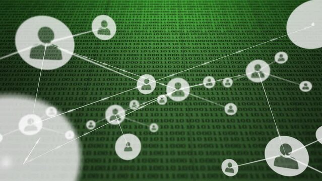 Animation of network of profile icons and binary coding data processing against green background