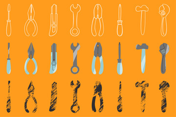 Various working tools. Set of different instruments isolated on orange background. Handmade, handcraft, construction, building, repair, DIY concept.