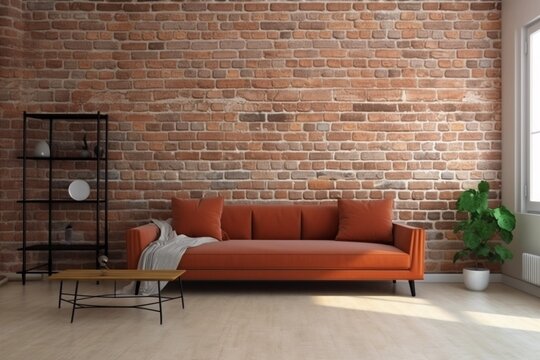 interior background terracotta floor decor brick wall lamp simple cosy comfortable furniture lounge. Generative AI.