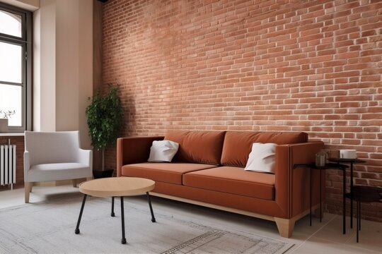 interior background style green couch comfortable living lifestyle loft stylish wall orange. Generative AI.