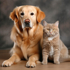 Golden retriever and british shorthair cat on a gray background. Generative ai.