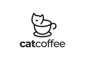 cup with cat logo design. creative coffee linear style template vector
