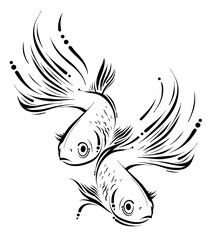 Abstract uncolored zodiac sign fish vector illustration out line art. monochrome pisces hand drawing symbol isolated on white background for tattoo or logo