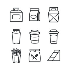 Fototapeta premium Takeaway food and drink linear icons set. Takeaway food service, fast food retail symbols pack. Unhealthy food. Lunch bags, coffee cups and lunch containers thin line illustration