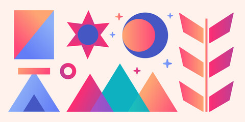 Group of abstract colorful geometric shapes and forms, decorative stickers, elements with soft gradients.