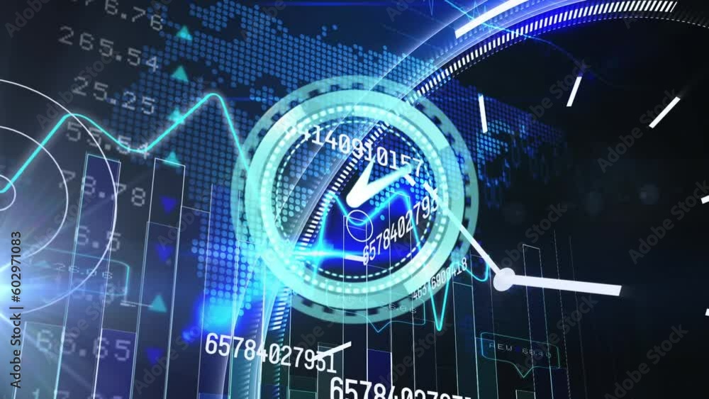 Aufkleber animation of neon ticking clock over statistical and stock market data processing against world map