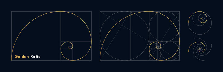 Golden ratio design template. Set of different figures and shapes in law of golden ratio. Golden spiral, golden section, Fibonacci array, Fibonacci numbers