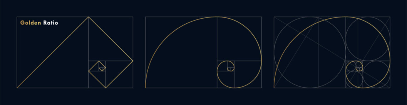 Golden ratio design template. Set of different figures and shapes in law of golden ratio. Golden spiral, golden section, Fibonacci array, Fibonacci numbers