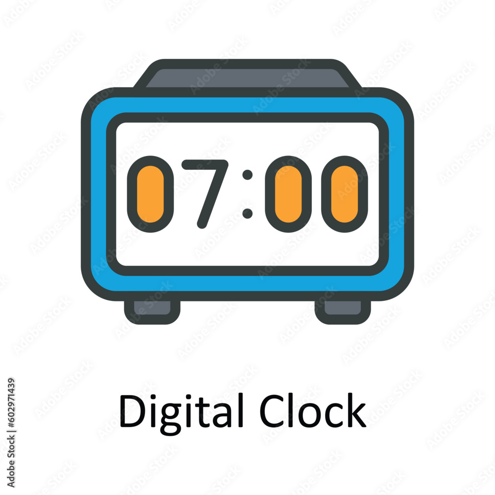 Poster digital clock vector fill outline icon design illustration. time management symbol on white backgrou