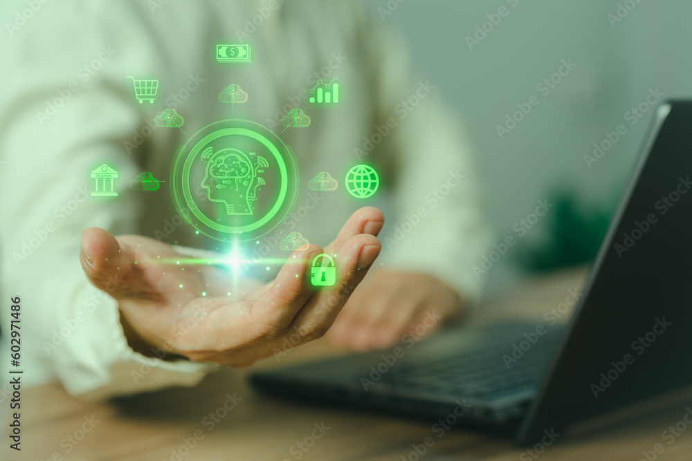 Poster Ai technology with cloud computing. Digital transformation change management, internet of things. Technology big data and business process strategy, Financial management, smart industry.
