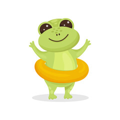 Cartoon frog with inflatable ring isolated on a white background. Vector illustration. Kids inflatable circle. Good for designs, prints, patterns. 