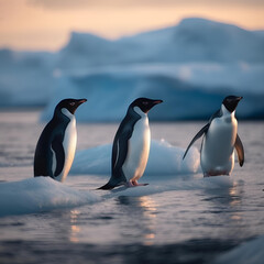 Obraz premium Penguins in Antarctica on ice. AI generative.