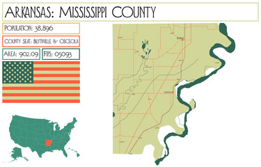 Large and detailed map of Mississippi County in Arkansas, USA.
