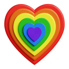 3D illustration of a heart with various shapes inside in the colors of the LGBT flag. Theme for gay pride month, romantic element, LGBTQIA+ couples.