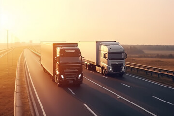 Trucks runs on the highway with speed. Logistics import export and cargo transportation industry concept of Container Truck run on highway road at sunset blue sky background.	