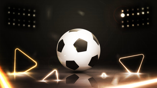Gold and black scene with football ball and line neon gold triangles around