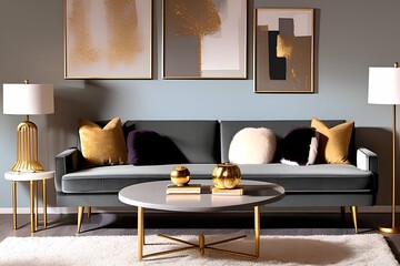 Stylish mid century modern luxury living room with gray velvet sofa and golden lamp - generative ai
