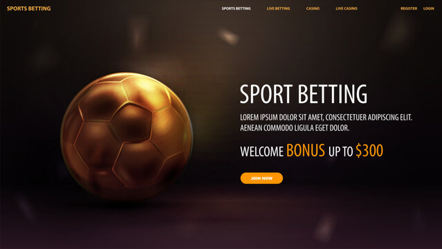 Sports betting, web banner for website with offer and gold soccer ball on blurred background