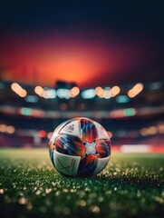Soccer ball on vibrant field, stadium backdrop, lit by lights. Energetic, exciting mood for sports media.