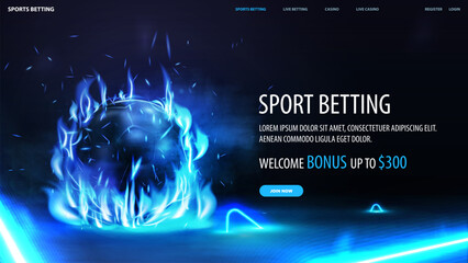 Sports betting, blue banner for website with offer and black football ball in blue flame