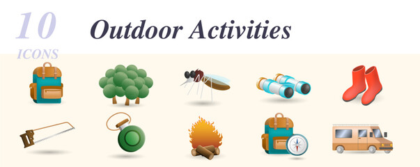 Outdoor activities set. Creative icons: backpack bag, forest, mosquito, binoculars, boots, bow saw, camp water canteen, campfire, compass, caravan.