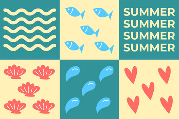 Fototapeta na wymiar Summer positive collage. Vector illustration of sea beach objects and elements, fishes, shells, waves, water drops, hearts. Text design.