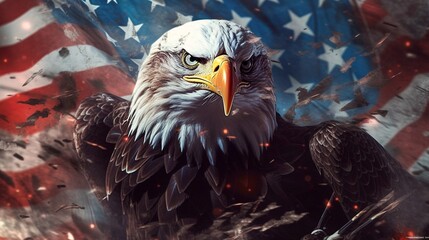 American eagle on the background of the flag of the United States of America. Generative AI. - obrazy, fototapety, plakaty