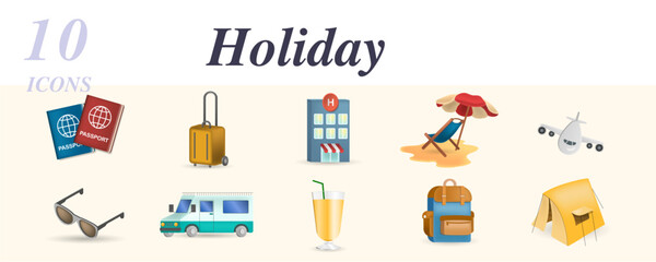 Holiday set. Creative icons: passport, suitcase, hotel, beach, airplane, sunglasses, camp, car, cocktail, backpack, tent.