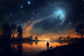Obraz na płótnie Canvas Silhouette a man standing alone in dramatic universe