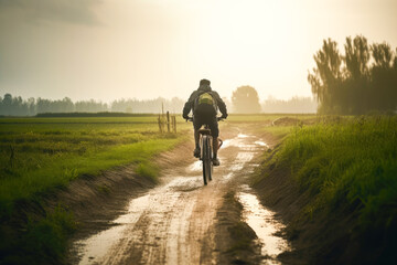 Obraz premium Cyclist cycling in rural area. Cyclist in motion. Young sport man rides along countryside road. Generative AI