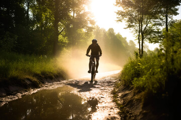 Cyclist cycling in rural area. Cyclist in motion. Young sport man rides along countryside road. Generative AI