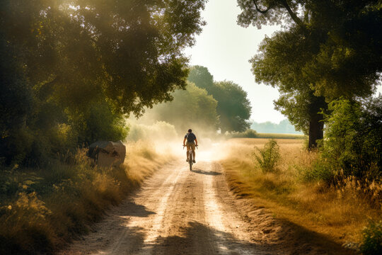 Cyclist cycling in rural area. Cyclist in motion. Young sport man rides along countryside road. Generative AI