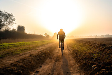 Cyclist cycling in rural area. Cyclist in motion. Young sport man rides along countryside road at sunset. Generative AI
