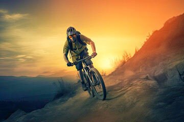 Fototapeta na wymiar Cyclist on mountain bike riding down a hill. Generative AI