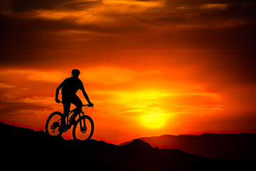 Fototapeta na wymiar Cyclist on mountain bike riding silhouette in red sunset light. Cyclist in motion. Young sport man rides along countryside road. Generative AI