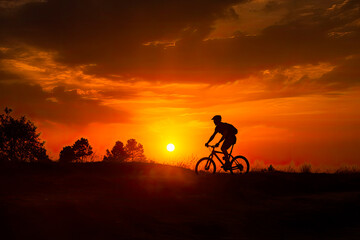 Cyclist on mountain bike riding silhouette in red sunset light. Cyclist in motion. Young sport man rides along countryside road. Generative AI