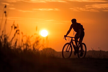 Fototapeta na wymiar Cyclist on mountain bike riding silhouette in red sunset light. Cyclist in motion. Young sport man rides along countryside road. Generative AI