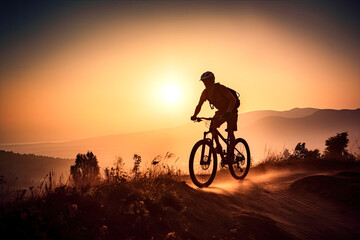 Fototapeta na wymiar Cyclist on mountain bike riding silhouette in sunset light. Cyclist in motion. Young sport man rides along countryside road. Generative AI
