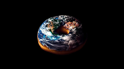 Planet Earth in a shape of donut. Alternate reality. Ai illustration, Generative AI, artificial intelligence artwork