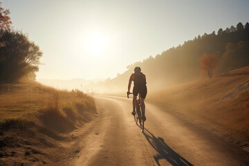 Female cyclist cycling uphill on sunny mountain road. Cyclist in motion. Young sporty active woman rides along countryside road. Generative AI