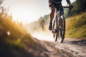 Male cyclist cycling uphill on sunny mountain road closeup. Cyclist in motion. Young sporty active man rides along countryside road. Generative AI