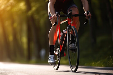 Fototapeta na wymiar Male cyclist cycling uphill on sunny mountain road closeup. Cyclist in motion. Young sporty active man rides along countryside road. Generative AI
