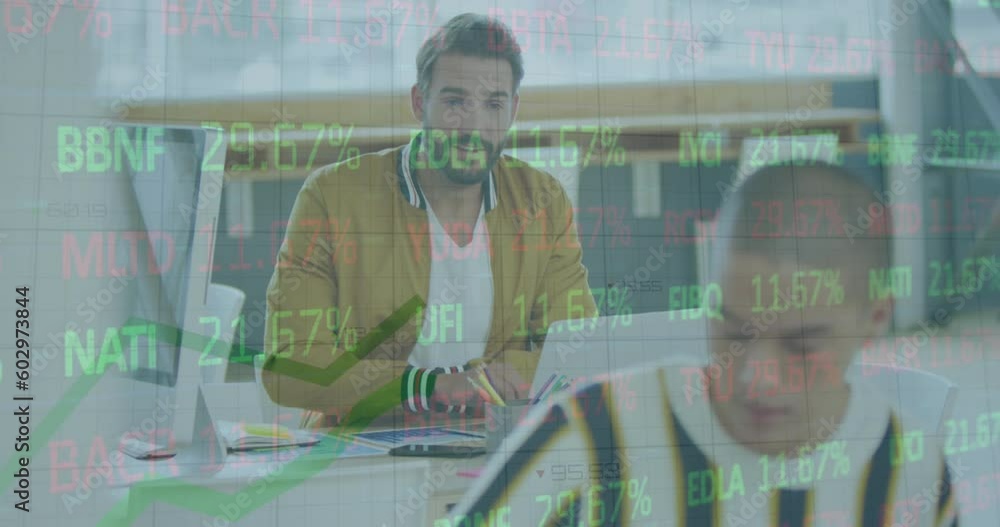 Poster animation of stock market data processing on two diverse men smiling looking at each other at office