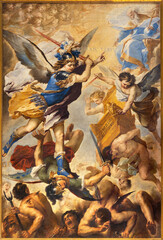 NAPLES, ITALY - APRIL 20, 2023: The painting of Fall of the Rebel Angels  in the church Chiesa...