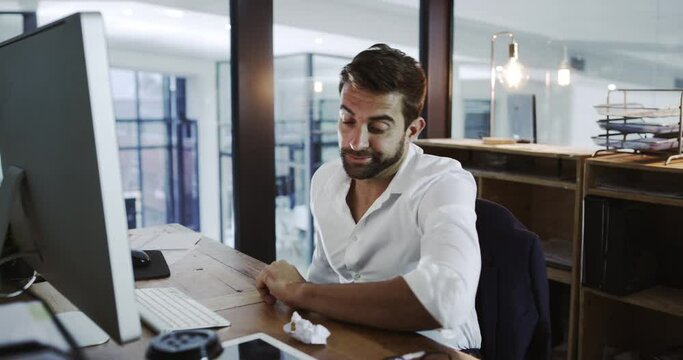 Tired, yawn or man sleeping at desk in office with business burnout, stress problem or low energy. Fatigue, lazy and yawning male employee feeling overworked, bored and bad with night time management