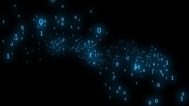 Chaotic movement of digital binary code signs in blue neon color on a black background. Diffusion. Cg
