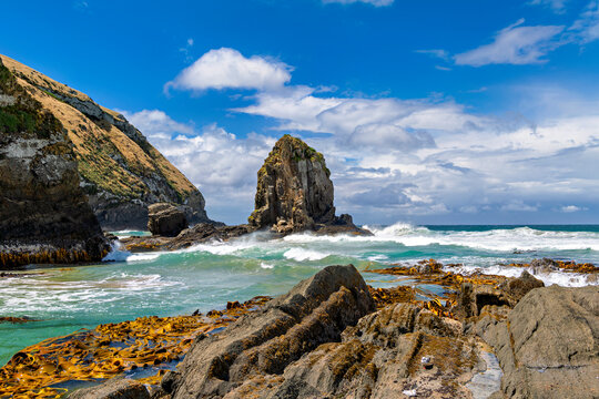 rocky coast with single cone rock at canibal bay, Otago