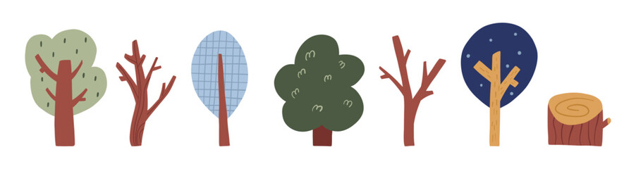 Set of cute hand drawn trees, cartoon flat vector illustration isolated on white background. Simple textured trees, bare and with leaves. Garden, forest, woods.