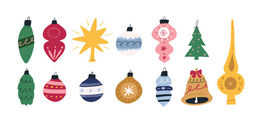 Set of Christmas tree ornaments, cartoon flat vector illustration isolated on white background. Cute hand drawn Christmas decorations. Colorful retro baubles.