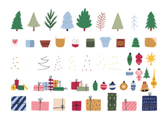 Christmas tree constructor, set of cute hand drawn elements - flat vector illustration isolated on white. Fir trees, baskets and buckets, garlands, lights and ornaments. Pile of gift box and present.